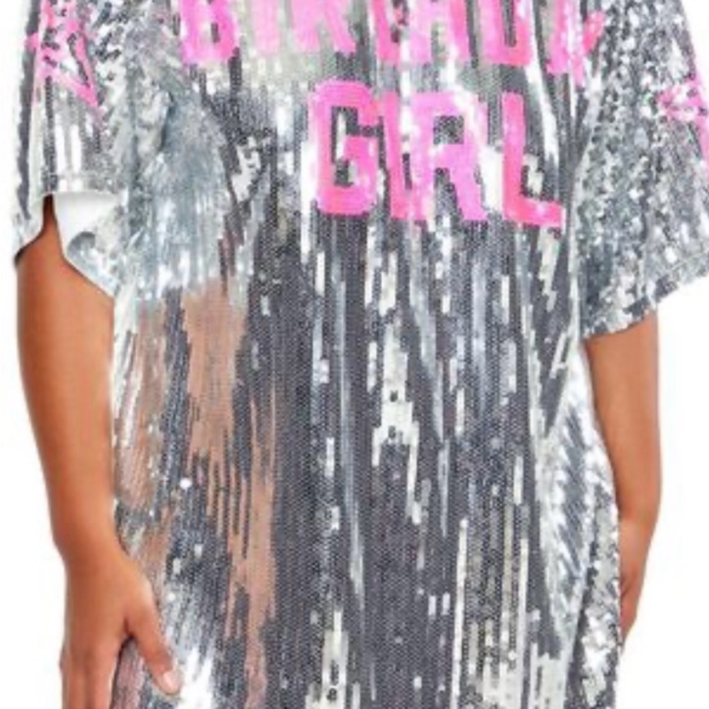 Birthday Girl Sequin T-shirt Dress - Silver & Pink